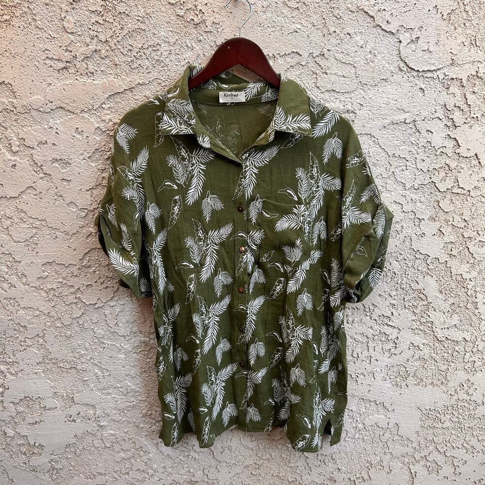 Kindred Anthropologie Olive Green Tropical Leaf Button Front Shirt Size 2X